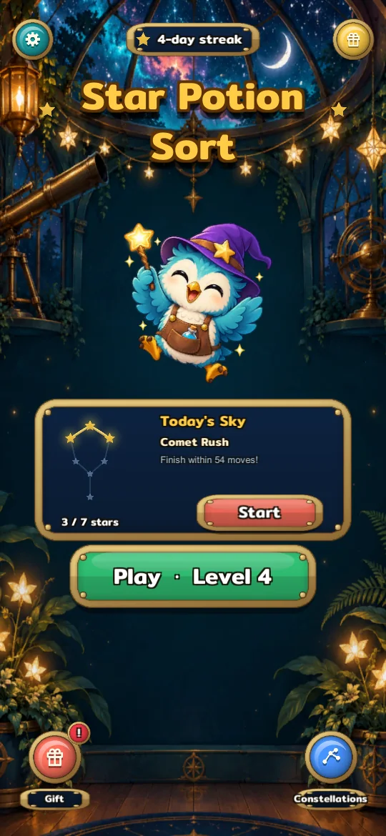 The observatory home screen with today's sky and a constellation