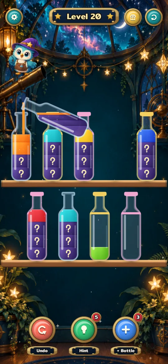 Star Potion Sort gameplay: pouring a potion between glass bottles
